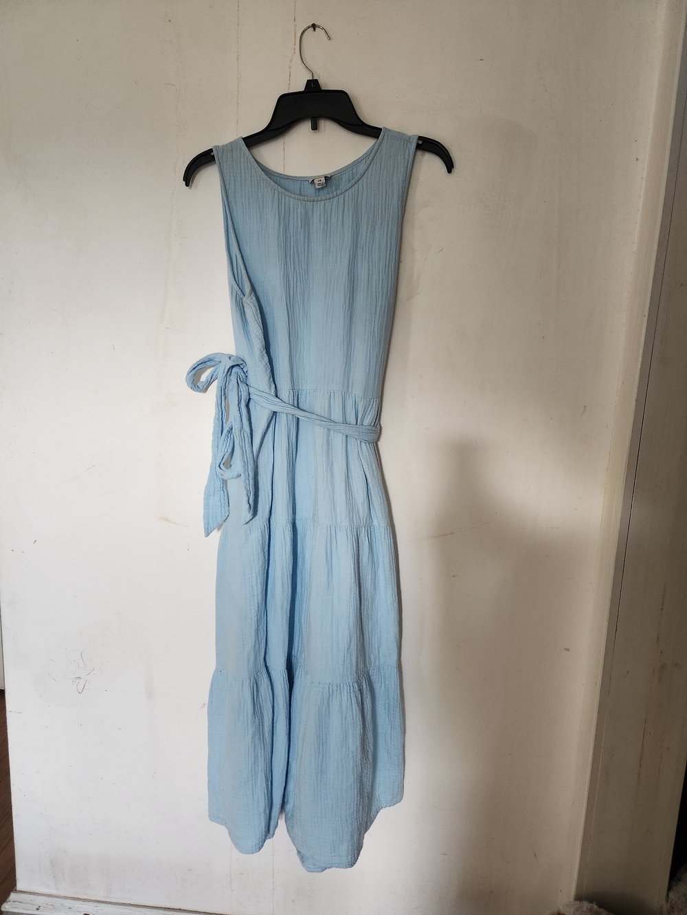 J Crew Sleeveless Light Blue Tiered Midi Dress with Waist Tie